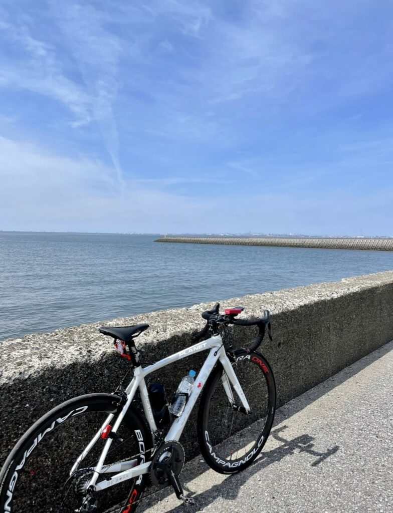 青空の下、海辺でロードバイクを写した様子。