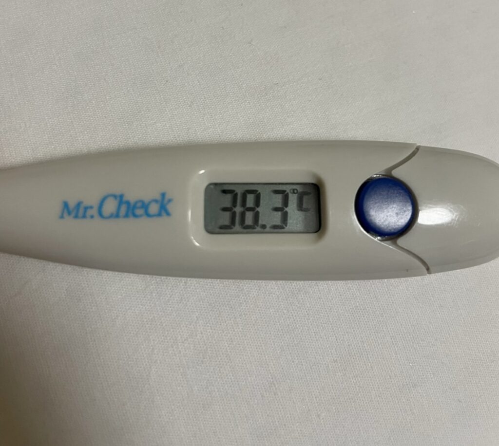 38.3という数字を表示している体温計